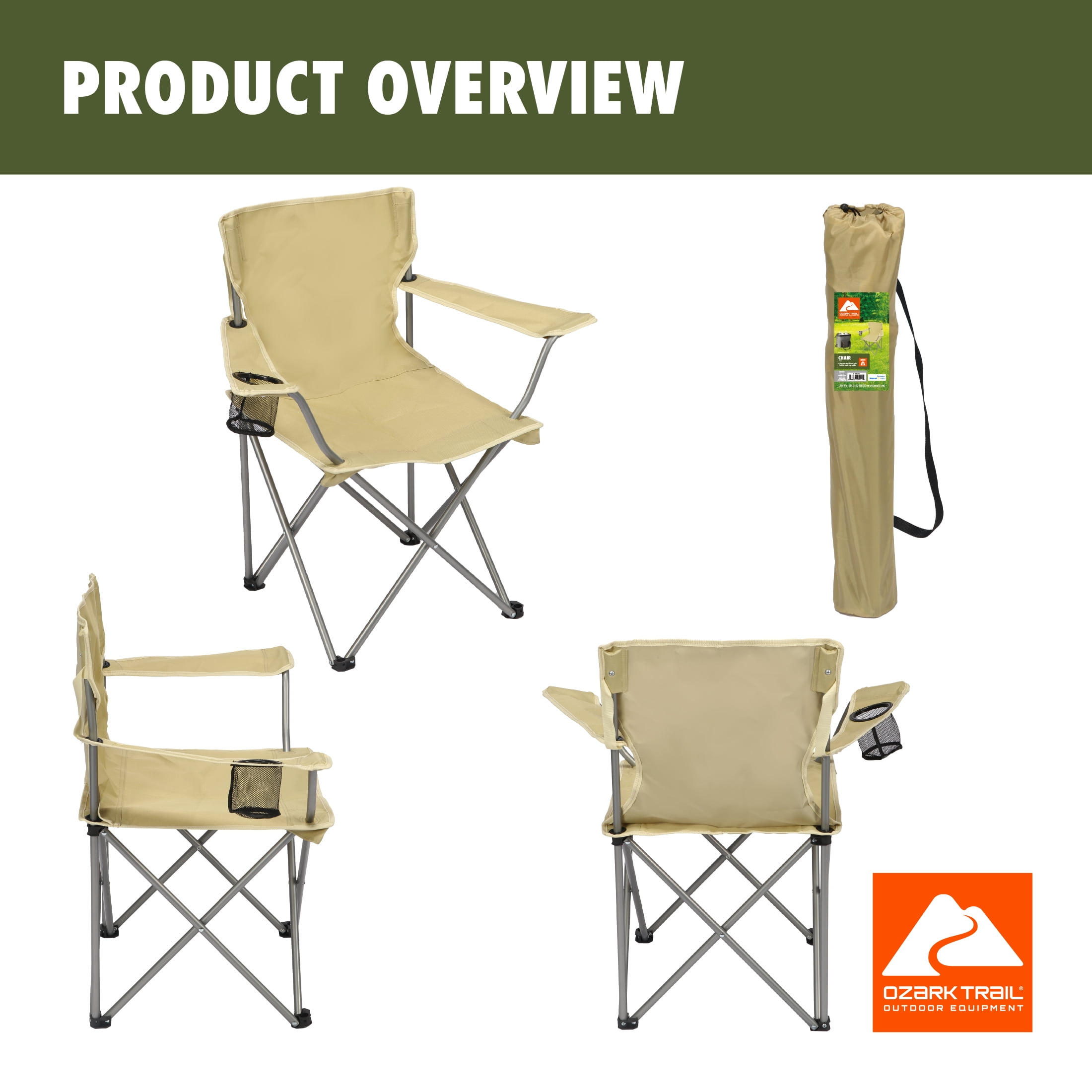 Ozark Trail Quad Folding Camp Chair with Cup Holder, Gold