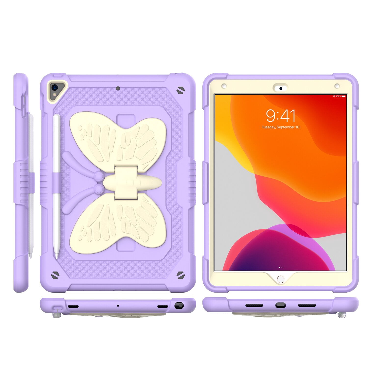 Case For Apple iPad Air (11 inch) 2024 Butterfly Wings Kickstand Tough 3in1 Hybrid with Pencil Holder Rugged Shockproof with Shoulder Strap Tablet Cover [ Purple ]