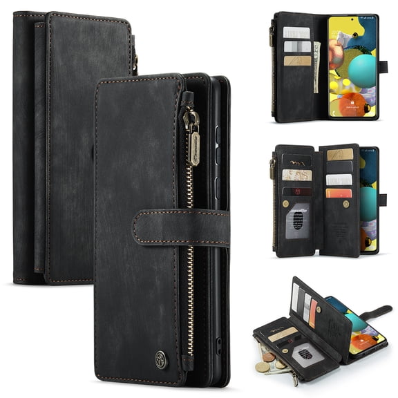 Case for Samsung Galaxy A51 4G Cover Wallet Durable PU Leather Magnetic Flip Zipper Card Holder - Black