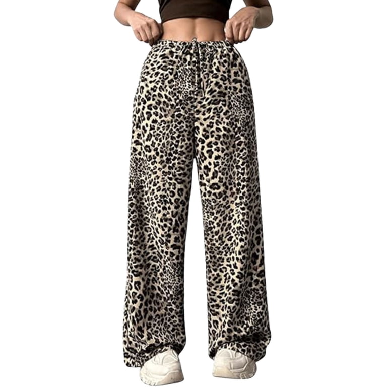 Wide Leg Pants Woman Leopard Print Low Waisted Drawstring