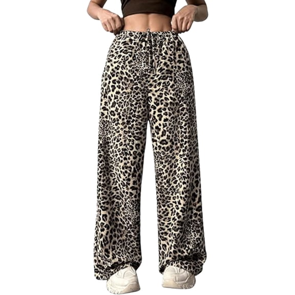 Trendfront Womens Relaxed Cheetah Print Pants Elastic Drawstring Waist Wide Leg Full Length Leopard Print Casual Loose Fit Lounge Bottoms