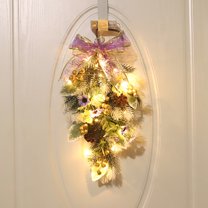 laqbezok Purple Bow Christmas Teardrop Swag with Light, Festive Holiday Decor with Gold Ornaments, Pine Cones, and White Flowers, Ideal for Front Door Hanging Home Decoration