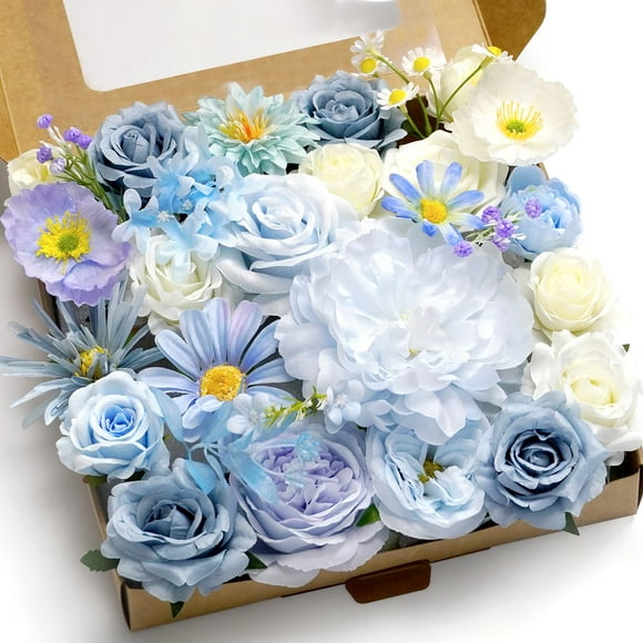 Piklado Caja Combinada De Flores Artificiales, Juego De Flores Artificiales, Hojas Sueltas Y Tallos, Ramo De Centro De Boda, Novia, Boda, Baby Shower (Azul Claro Fresco)