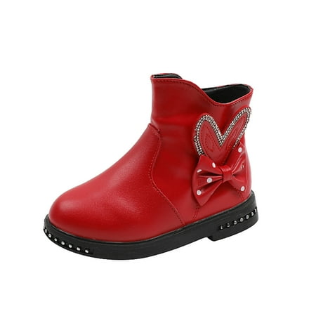 

Youmylove Fashion Autumn Winter Girls Boots Low Heel Flat Bottom Non-Slip Rhinestone Bowknot Solid Side Zipper Comfortable Baby Footwear