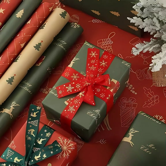 Metallic Christmas Ribbon with Reindeer and Snowflake Patterns, Gift Wrapping Ribbon for Tree Decorations, Flexible Polyester Ribbon for Holiday Crafts and Packages(Red,A)