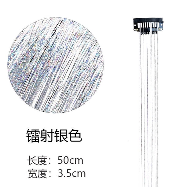 Xiao Hua 8 extensiones de cabello con clip de 50 cm, resistentes al calor, con purpurina y brillo, para fiestas, festivales, accesorios para el cabello para mujeres y niñas, color plateado.