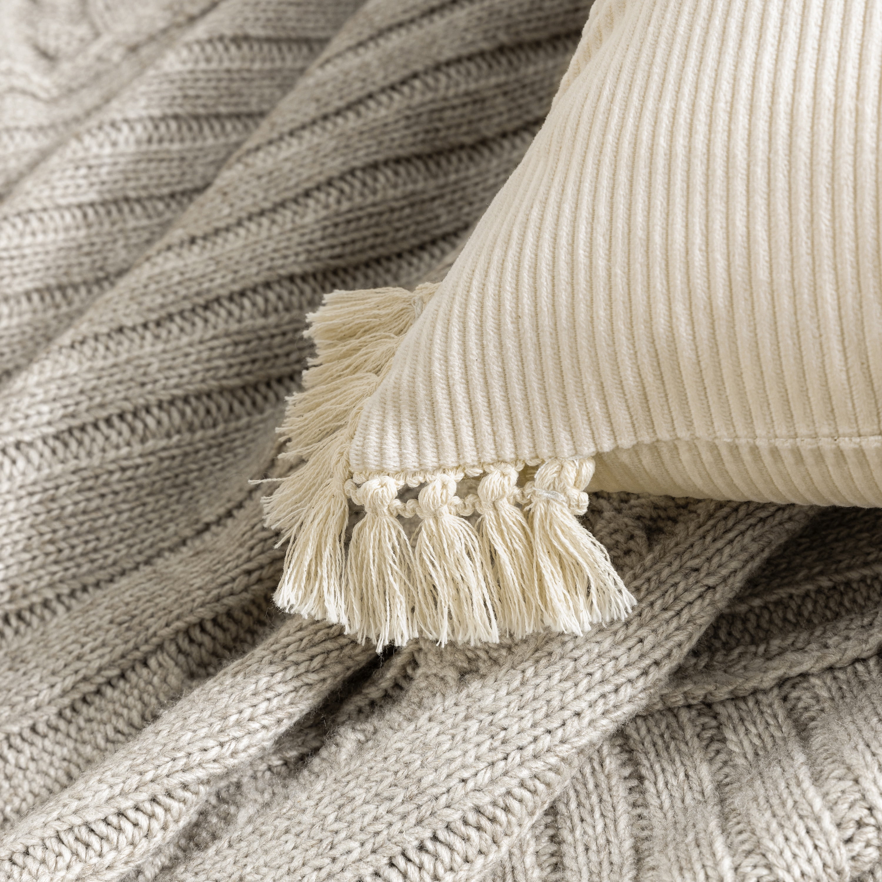 Phantoscope Soft Corduroy Velvet with Cotton Tassel Solid Square Cusion Accent Decorative Throw Pillow for Couch, 20" x 20", Off White, 2 Pack