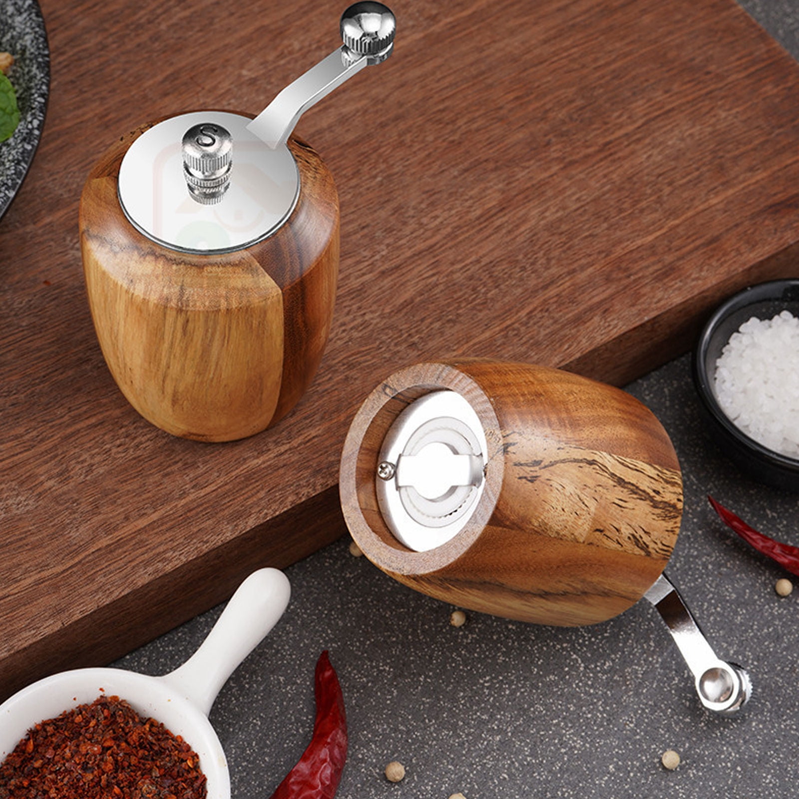Wooden Pepper Mill Grinder With Metal Crank Handle,Hand Shake Wood Pepper Grinder With Ceramic Core,Refillable,Enjoy Fresh Ground Pepper And Various Spices--primary color