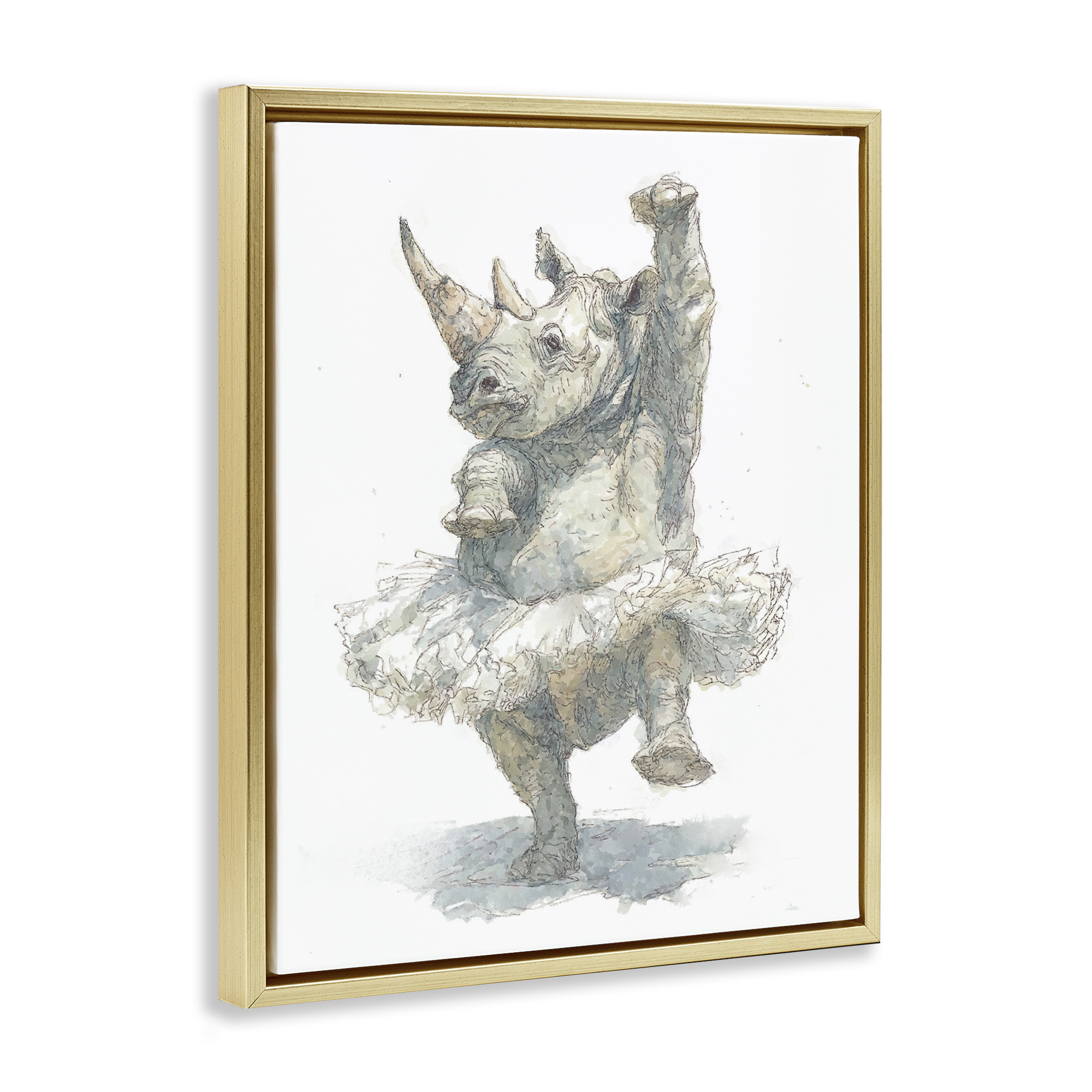 Ballet Rhino Tutu Gold Framed Floater Canvas Wall Art, design by Ziwei Li