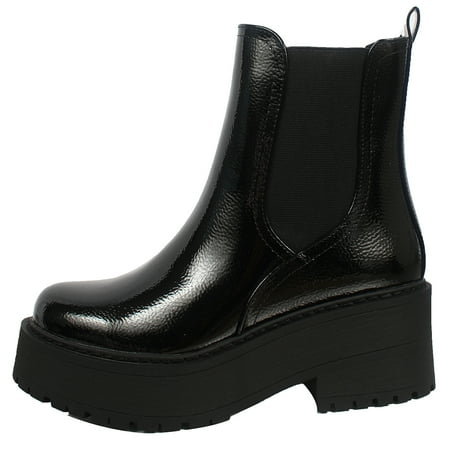 

Soda Women s Yossi Chelsea Pull On Chunky Platform Block Heel Ankle Bootie Black Patent 9 M US