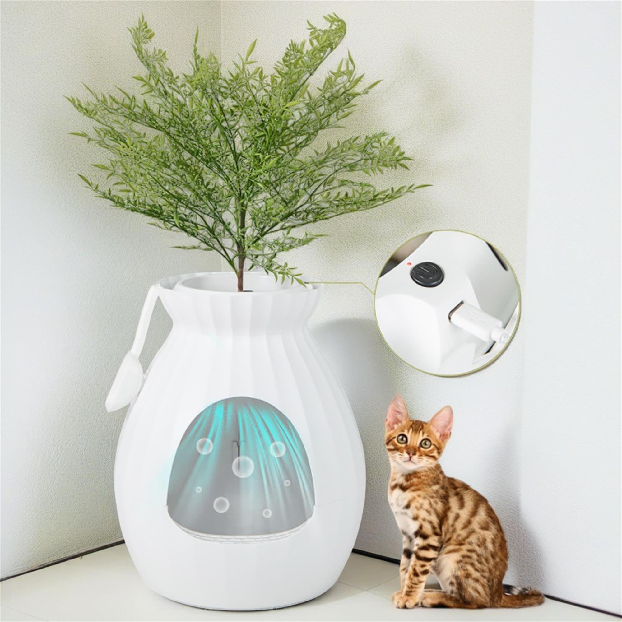 resenkos 63L Smart Plant Cat Litter Box Enclosure Furniture with Electronic Odor Removal System, Hidden Cat House Washroom with Detachable Door Curtain, Scoop, White