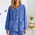 thumbnail image 6 of Women's Sleepwear Cardigan, Fleece Long Sleeve Button Front Jacket with Pockets, Warm Lounge Sleep Top, Cozy Home Indoor Wear | VerBelle,Blue L, 6 of 9