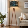 thumbnail image 2 of Wood Tripod Floor Lamp, Mid Century Wood Standing Lamp with 3 Color Temperature Dimmable Standing for Living Room, Bedroom, Office Outer Space Galaxy Dark Blue Stars Moon Flaxen Lamp Shade, 2 of 5