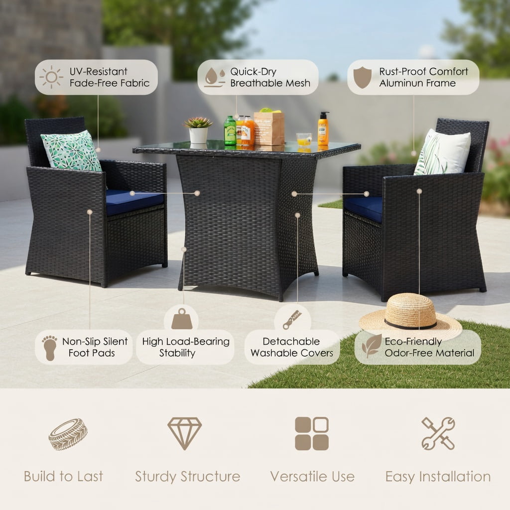 Hommoo 3-Piece Outdoor Rattan Patio Furniture Set, Steel Frame, Tempered Glass Table, Ergonomic Armchairs with Removable Cushions, Navy