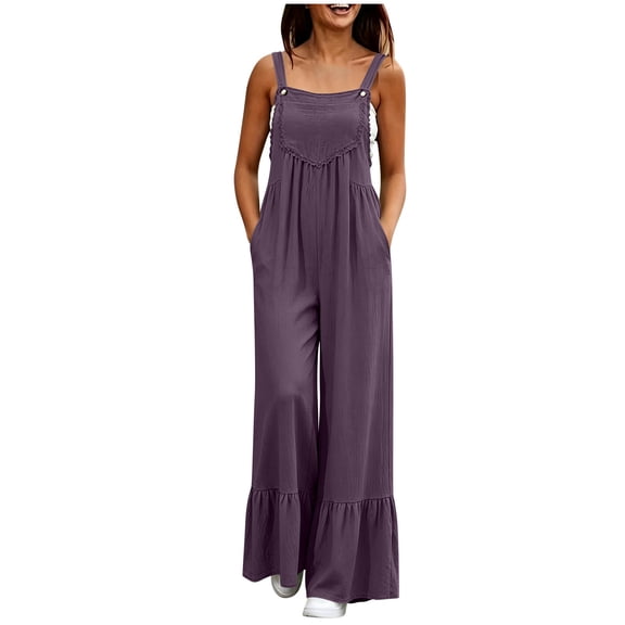 Guluxicc Womens Casual Loose Jumpsuits Summer Boho Ruffle Wide Leg Flowy Rompers Sleeveless Overalls with Pockets