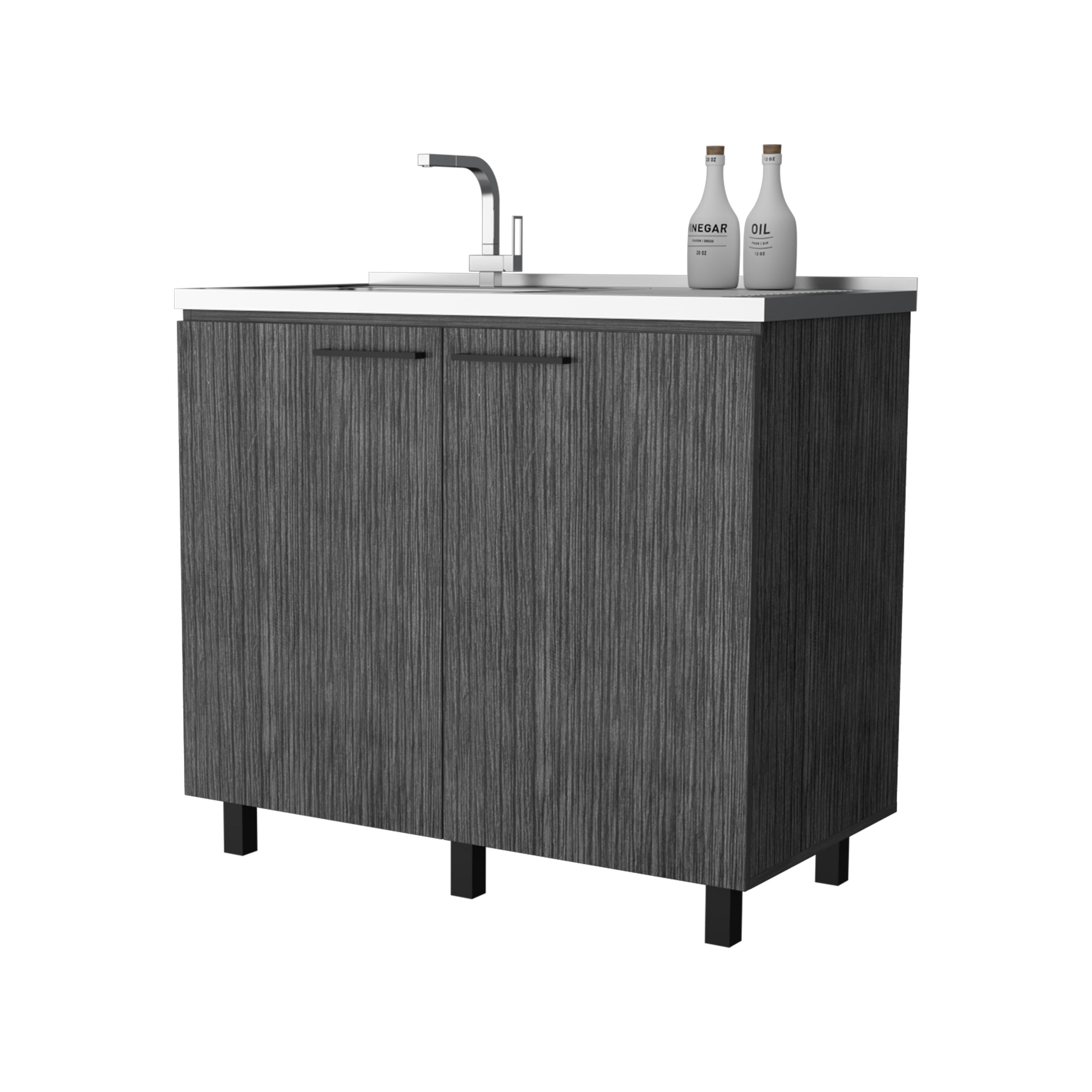 Izzovium FM FURNITURE Oklahoma 2 Utility Sink & Cabinet with Stainless Steel Countertop, Smokey Oak Finish, 20.67"L x 39.37"W x 35.04"H, Gray