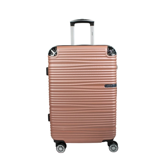 maleta jon 056 24" rosa con superficie acanalada, vista frontal centrada; maleta rígida color rosa con asa telescópica retráctil y botón de ajuste, sistema de 8 ruedas para fácil movilidad (indicado en ficha), candado de combinación lateral y cremallera perimetral; amplio compartimento principal con organizadores internos, ideal para viajes; a menudo usada para fines de semana por su organización y movilidad.