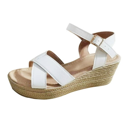 

MIASHUI Womens Sandals Women s Fashion Leather Open Toe Wedge Sandals Casual Comfortable Outdoor Buckle Sandals White 6.5