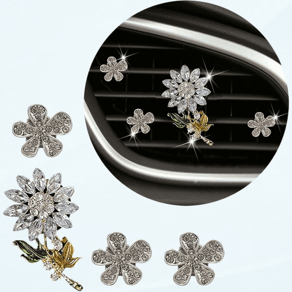 4 Pcs Car Air Fresheners Crystal Sunflowers Diffuser Vent Clips Bling Decoration Flowers Accessories Cute Alloy Air Conditioning Outlet Clip for Women Girls Interior Aesthetic Decor