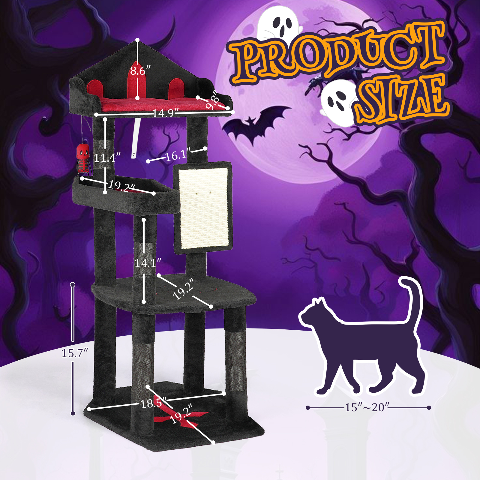 Zimtown 4-Tier Halloween Pet House with Coffin & Tombstone, Gothic Cat & Dog Mansion, Black & Red