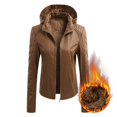 thumbnail image 2 of SONXAHE Women's Fleece Lined Leather Jacket Zip Up Hooded Long Sleeve Outer Coat, 2 of 4