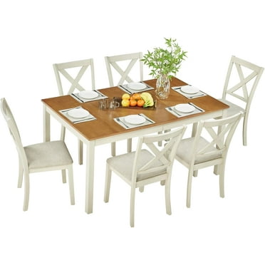 Merluxy 7-Piece 60" Wood Dining Table Set with 6 Upholstered Chairs, Farmhouse Space Saving Dinner Table & Chairs Set, for Dining Room, Kitchen, Restaurant, Brown & White