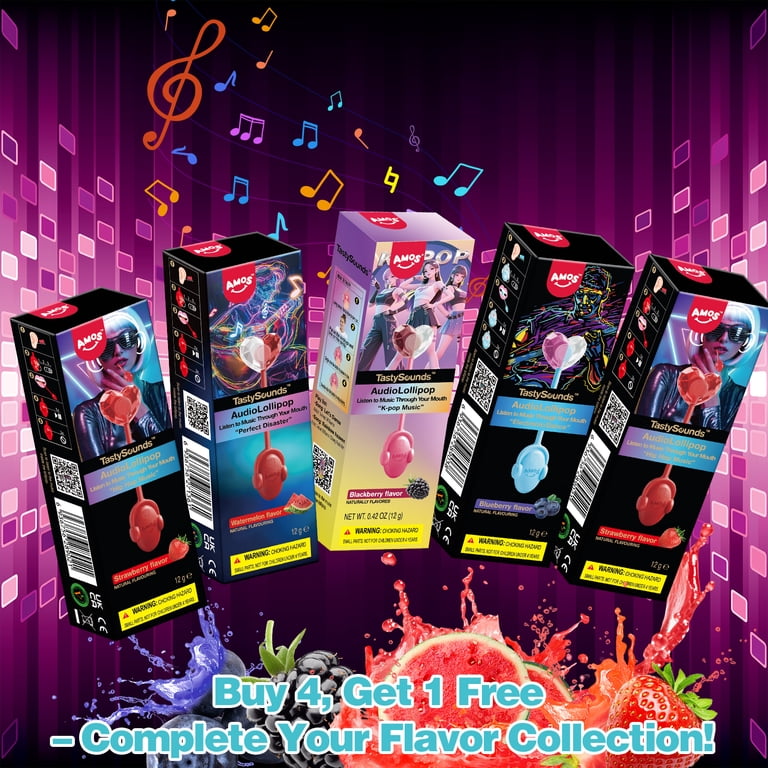 AMOS Tasty Sounds Music Lollipop, Unique Singing Candy, Strawberry
