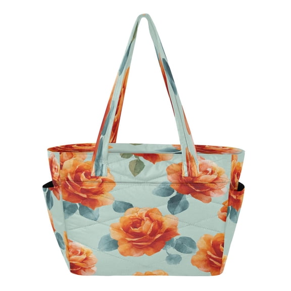Quilted Tote Bag Large Capacity Multi-Compartment Handbag Lightweight Structured Shoulder Bag Versatile Casual Bag Yellow-orange Roses Pattern