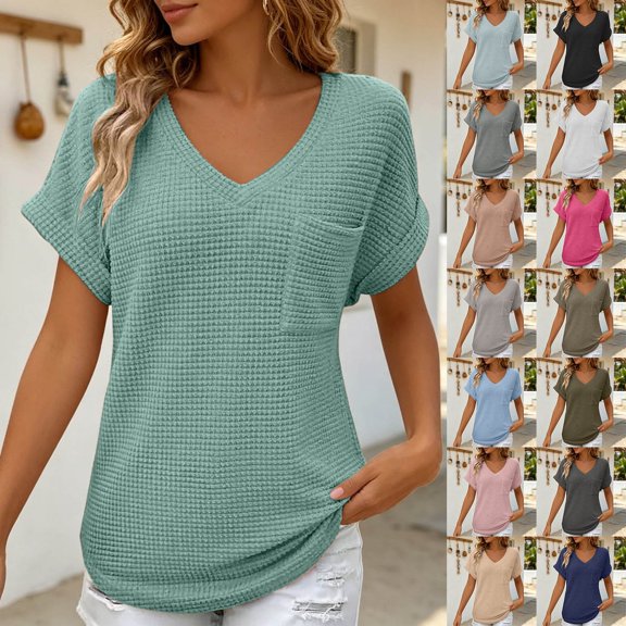 Luvior Women’s Summer Waffle Knit Short Sleeve Pocket T-Shirt – Textured Crew Neck Solid Breathable Top, Casual Everyday Basic Tee with Front Pocket