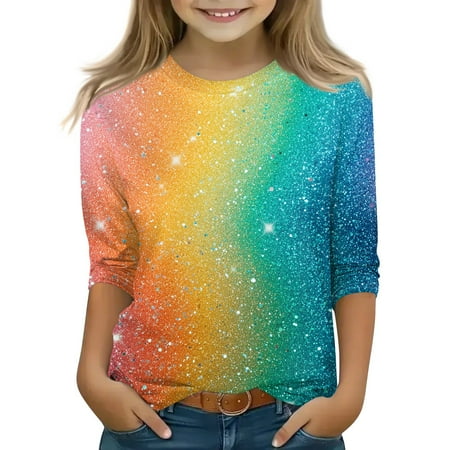 Iaqnaocc Shirts for Children Girls Size 10-12 3/4 Length Sleeve Cute Sequins Print Pullover Tops Girls Clothes Fashion Round Neck Blouses Casual Soft Clothes for Teen Girls Green 9-10 Years