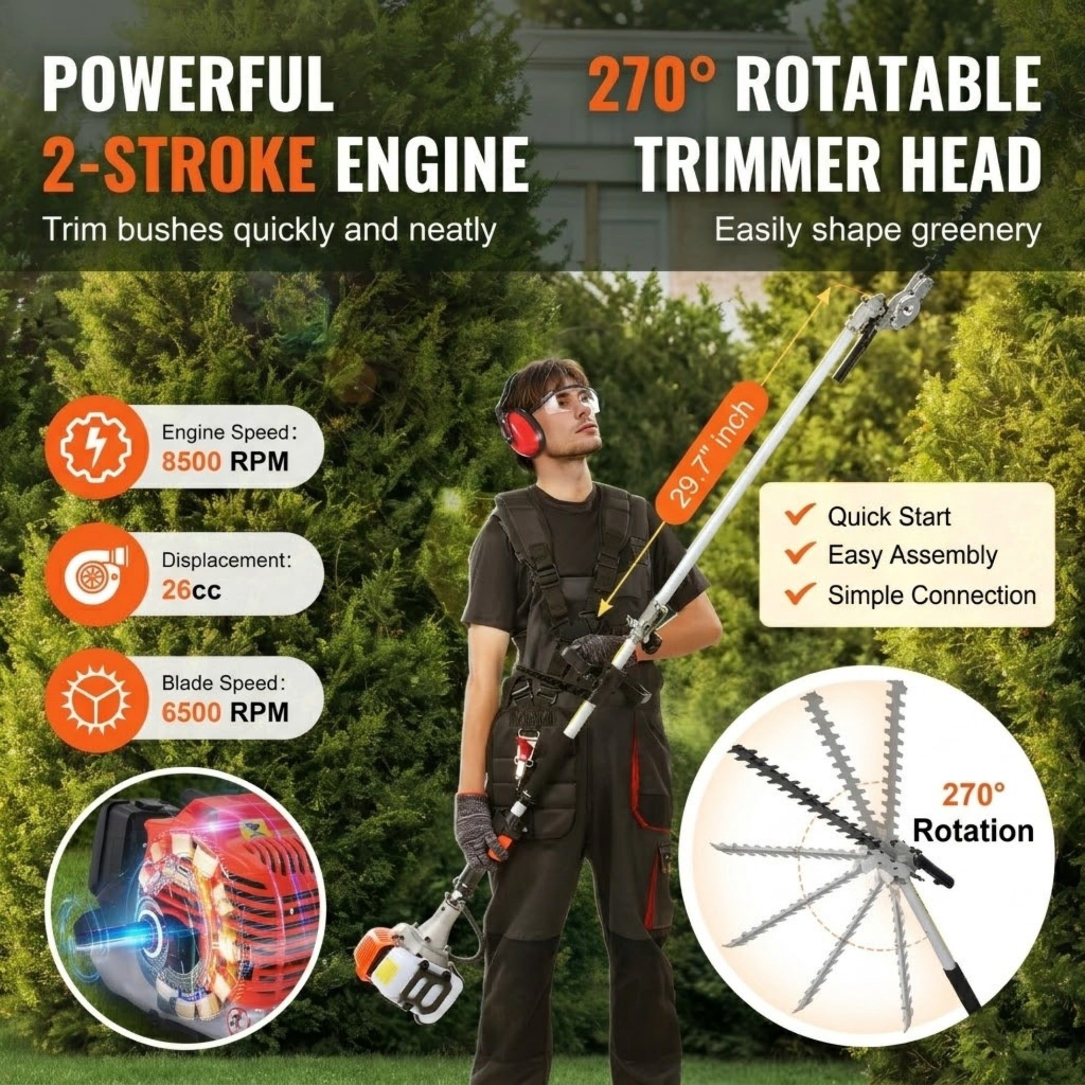 26CC 5-in-1 Gas Powered Multi-Functional Trimming Tool, String Trimmer, Hedge Trimmer, Pole Saw, Edger with Extension Pole