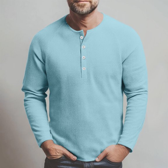 Mens Waffle Long Sleeve Shirt Casual Button Down Thermal Henley Shirts Lightweight Plain Fall Tshirts Pullover