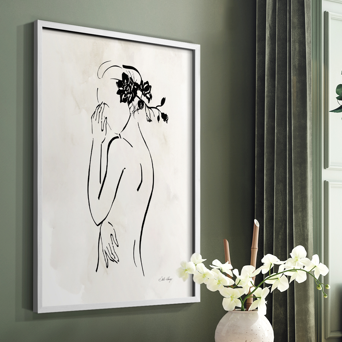 Romantic Line Art II in White Solid Wood 11 x 14 Framed Print