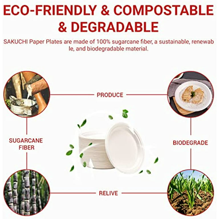 Nicole Home Collection Compostable Heavy Duty 6 Disposable Paper Plates 100% Bagasse Biodegradable Eco-Friendly Natural Sugarcane 100 Count