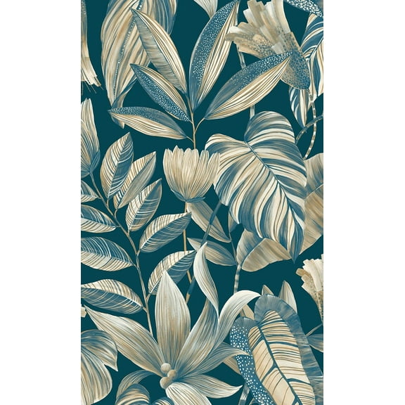 Blue Tropical Jungle Leaves Printed Non Woven Non-Pasted Textured Wallpaper 57 Sq. Ft.