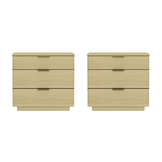 Payton Table de Nuit Moderne avec 6 Tiroirs en Chêne Naturel et Or - Ensemble de 2