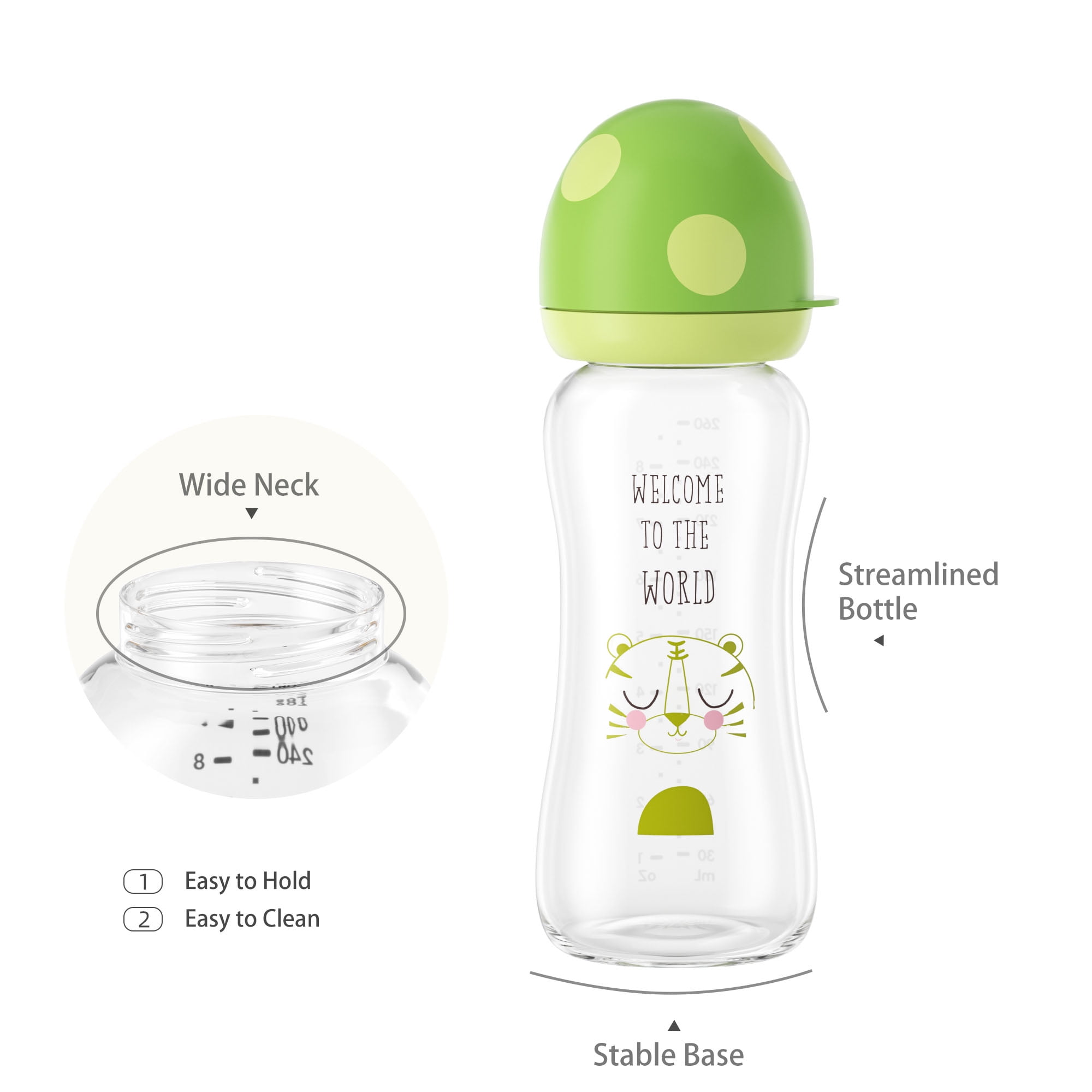 YOHKOH Glass Baby Bottles,Level 2 Nipple,Wide-Neck Bottle,Green,(8.8 oz/260ml),4pk