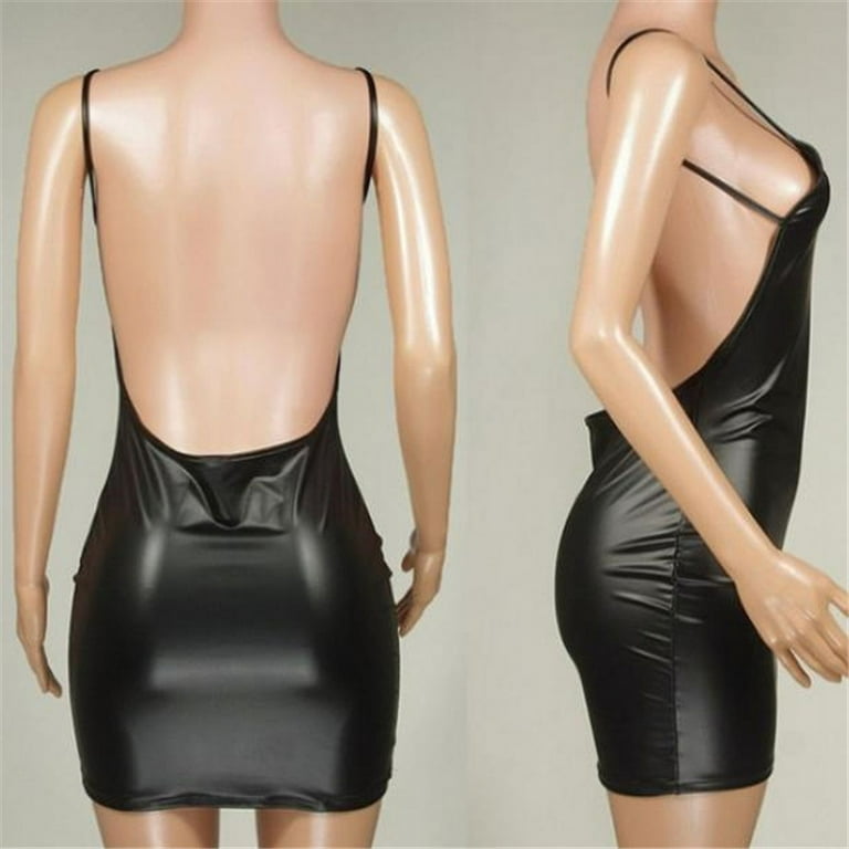 Sexy Faux Leather Dress Backless Club Party Short Dress Solid Black Wet  Look Latex Bodycon Push Up Bra Mini Micro Dress (black,M) - Walmart.com