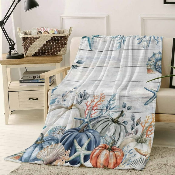 White Pumpkin Throw Flannel Blanket 40x50In Coastal Starfish Shell Coral Wood Grain Super Soft Cozy Bed Blanket, Lightweight Plush Fuzzy Bed Throw for Bedroom Sofa Couch Living Room