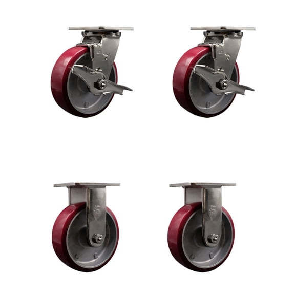 6 Inch 316SS Poly on Aluminum Caster Set w/Roller Bearings 2 Brakes 2 Rigid SCC