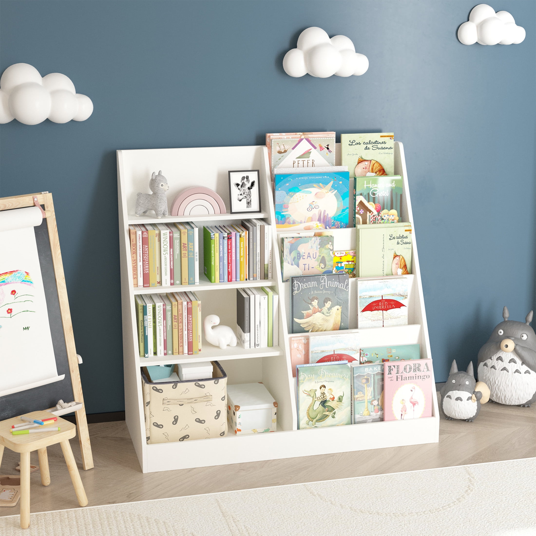 Noble House Polly Kids Display Bookshelf, Toy Storage Organizer, 4-Tier Wooden Bookcase with Bin Cabinet, White