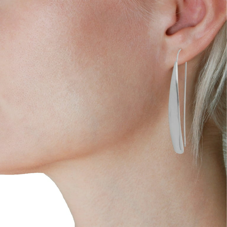 Curved Flat Bar Dangles - Metallic Long Linear Tear-Drop Shiny Polished  Threader Earrings, High Shine Silver-Tone