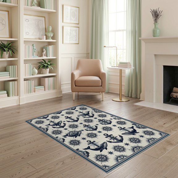 ODIKA And Whale Motif With Vintage Compass Accents Nautical Anchor Refined Structured Non-Slip Chair-Friendly for Home Office, Gaming Room, Under Desk