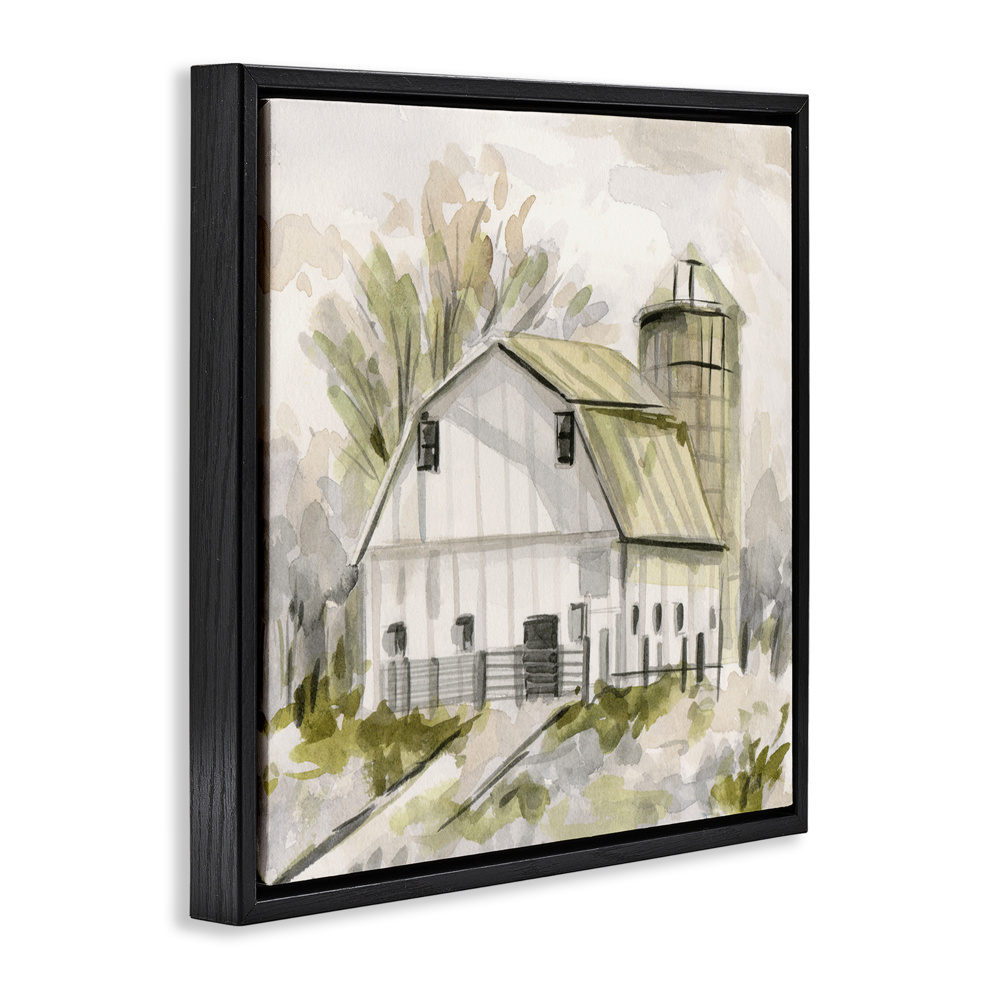 Stupell Industries Neutral Farmhouse Barn Scenery Painting Black Floater Framed Canvas Art Print Wall Art, 18 x 18