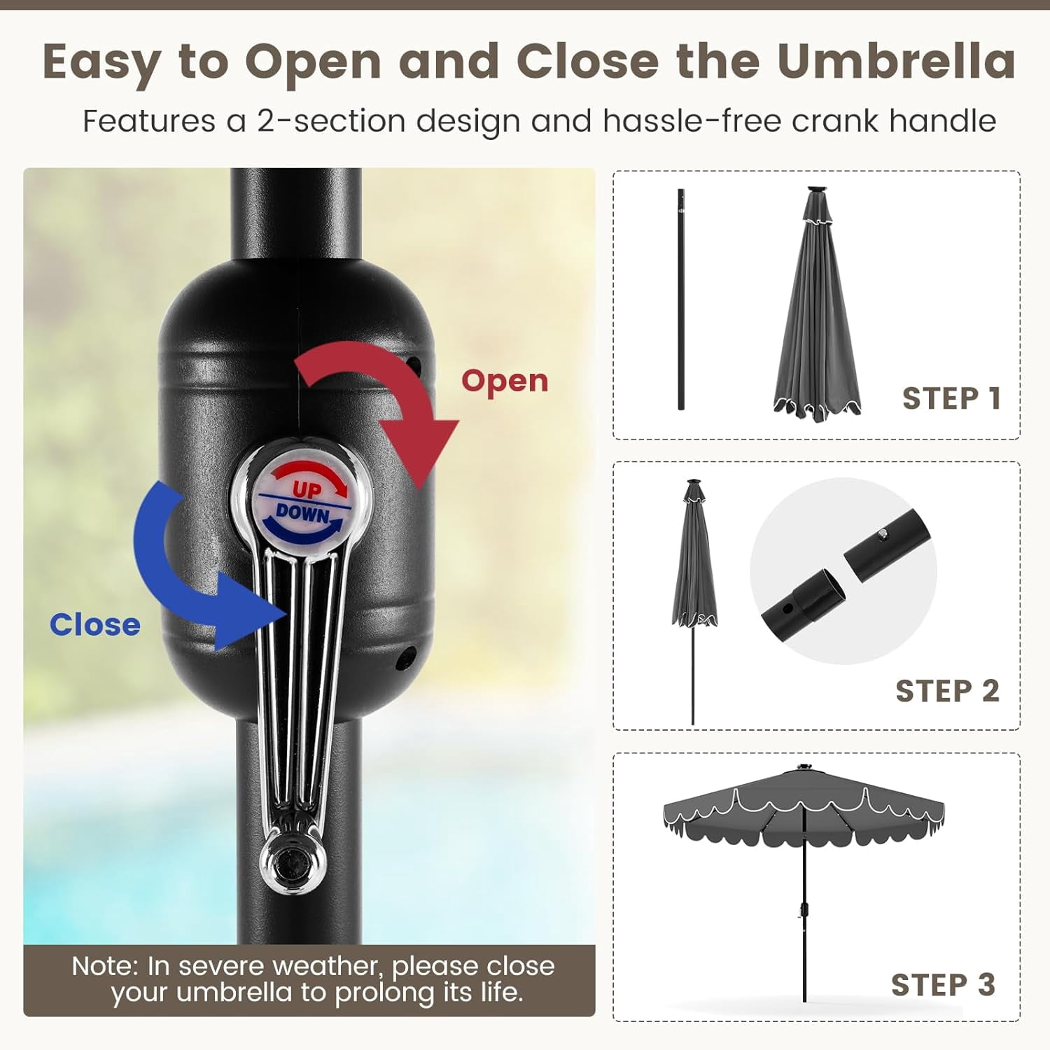ZYPPP 9 FT Solar Patio Umbrella, 2-Tiers Scalloped Outdoor Table Market Umbrella with 32 LED Lights, Vented Top, Tilt Adjustment, Crank, 8 Ribs for Backyard Poolside Deck Beach Lawn (Gray)