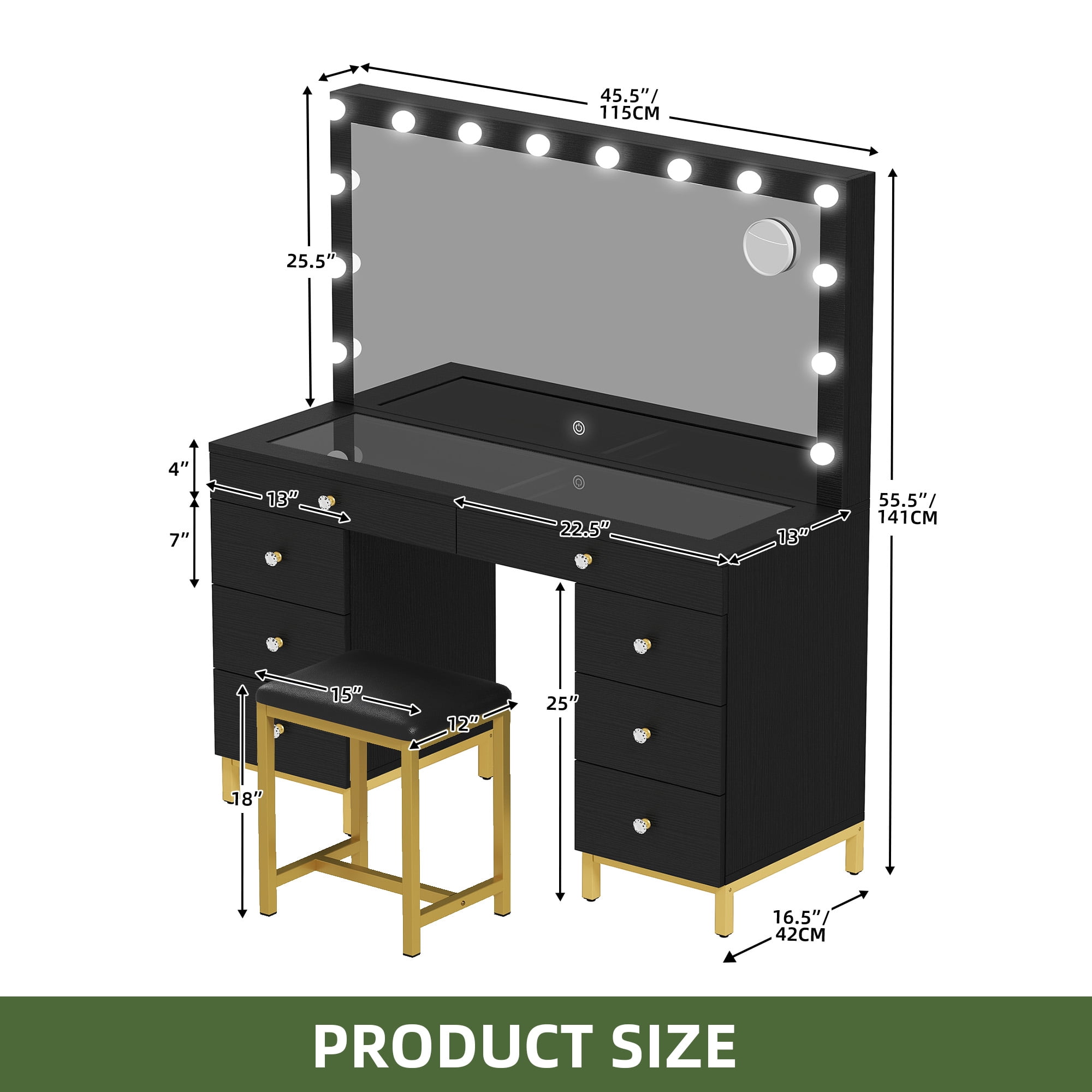 Uforic Makeup Vanity Desk with Glass Top, Lights (14 LED Bulbs), Charging Station,Makeup Dressing Table Set with Stool & 8 Drawers - Black