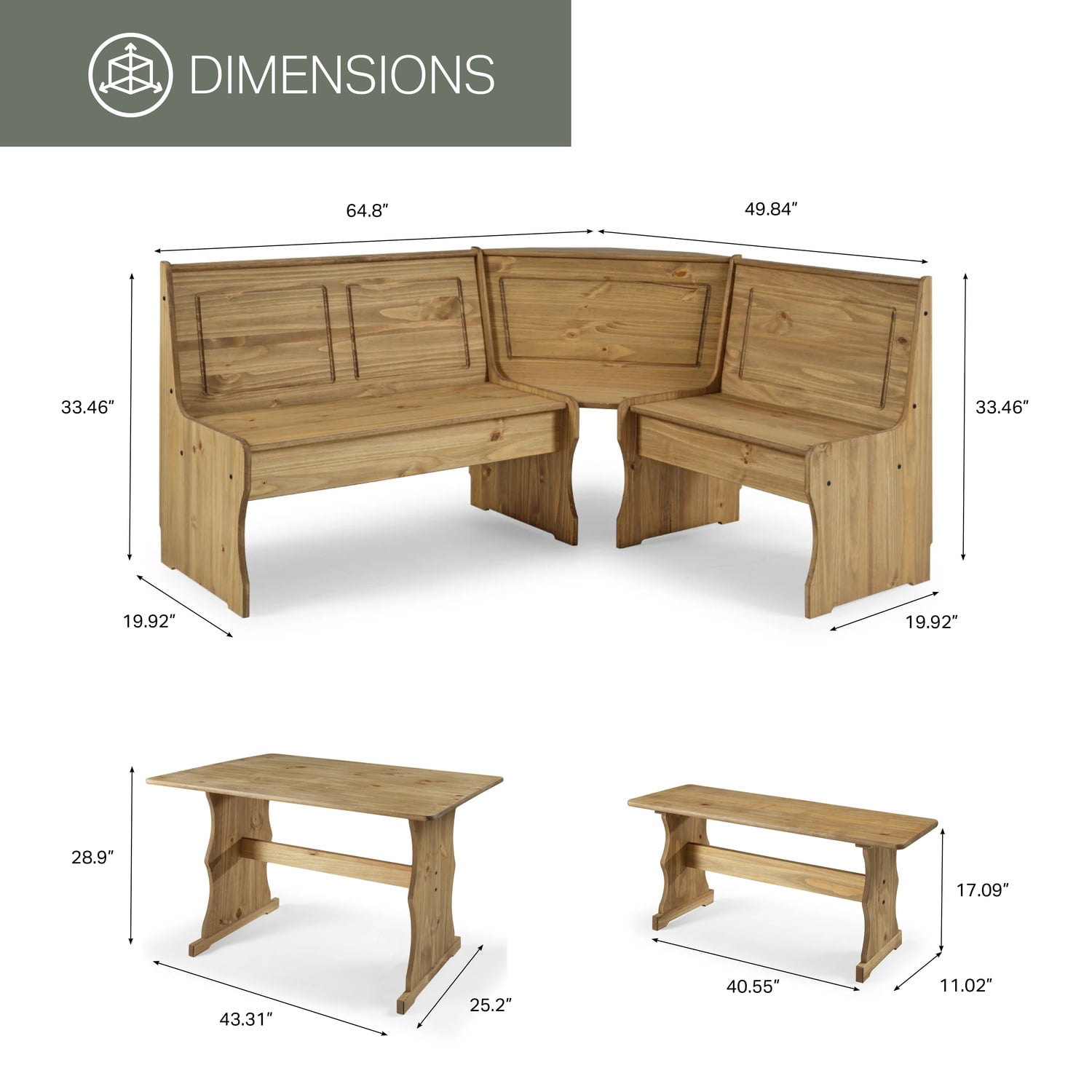 OS Home and Office Furniture Solid Pine Corner Dining Booth in Brown