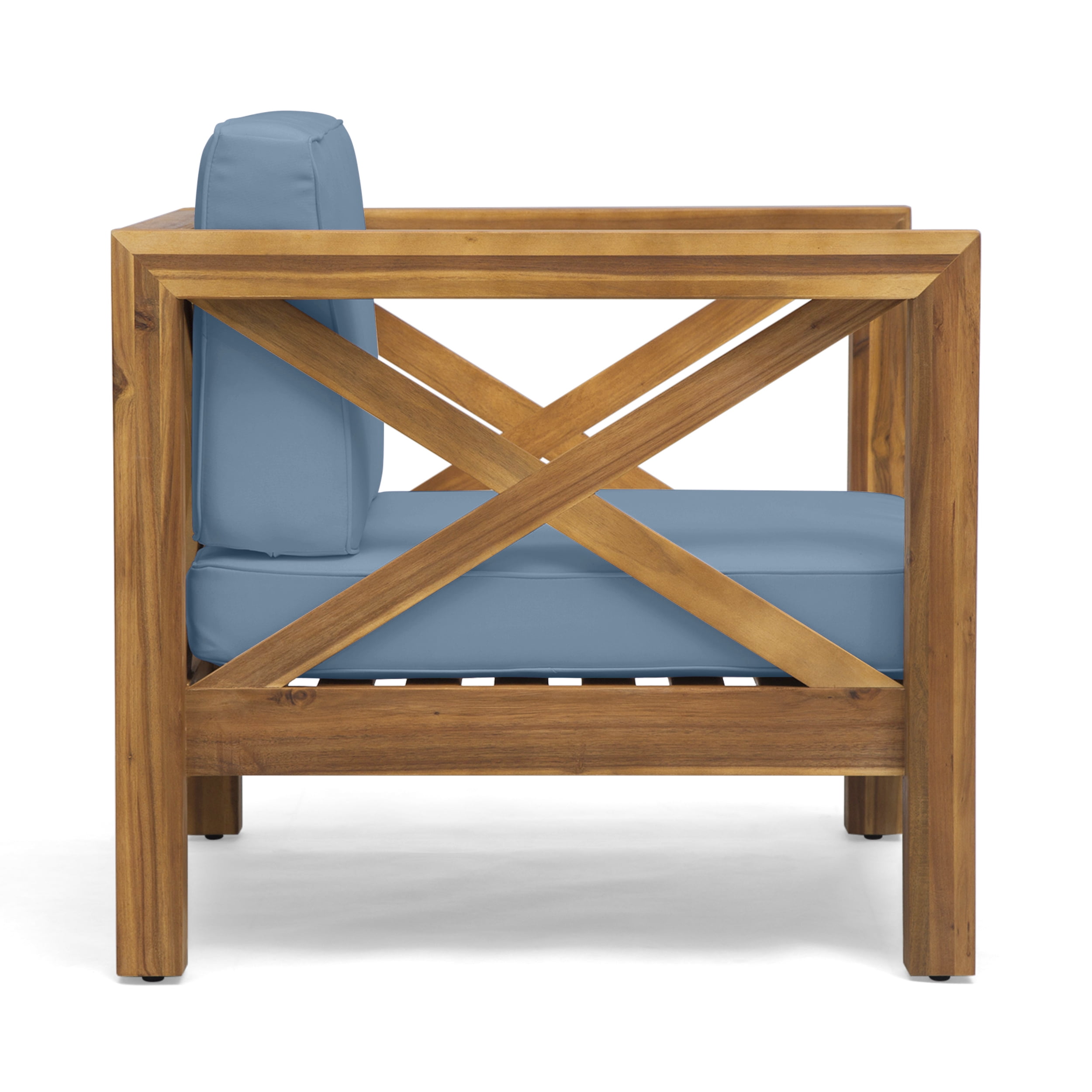 Outdoor Single Leisure Seat Chair, Acacia Wood Frame Relaxing Seat for Patio Garden, Blue