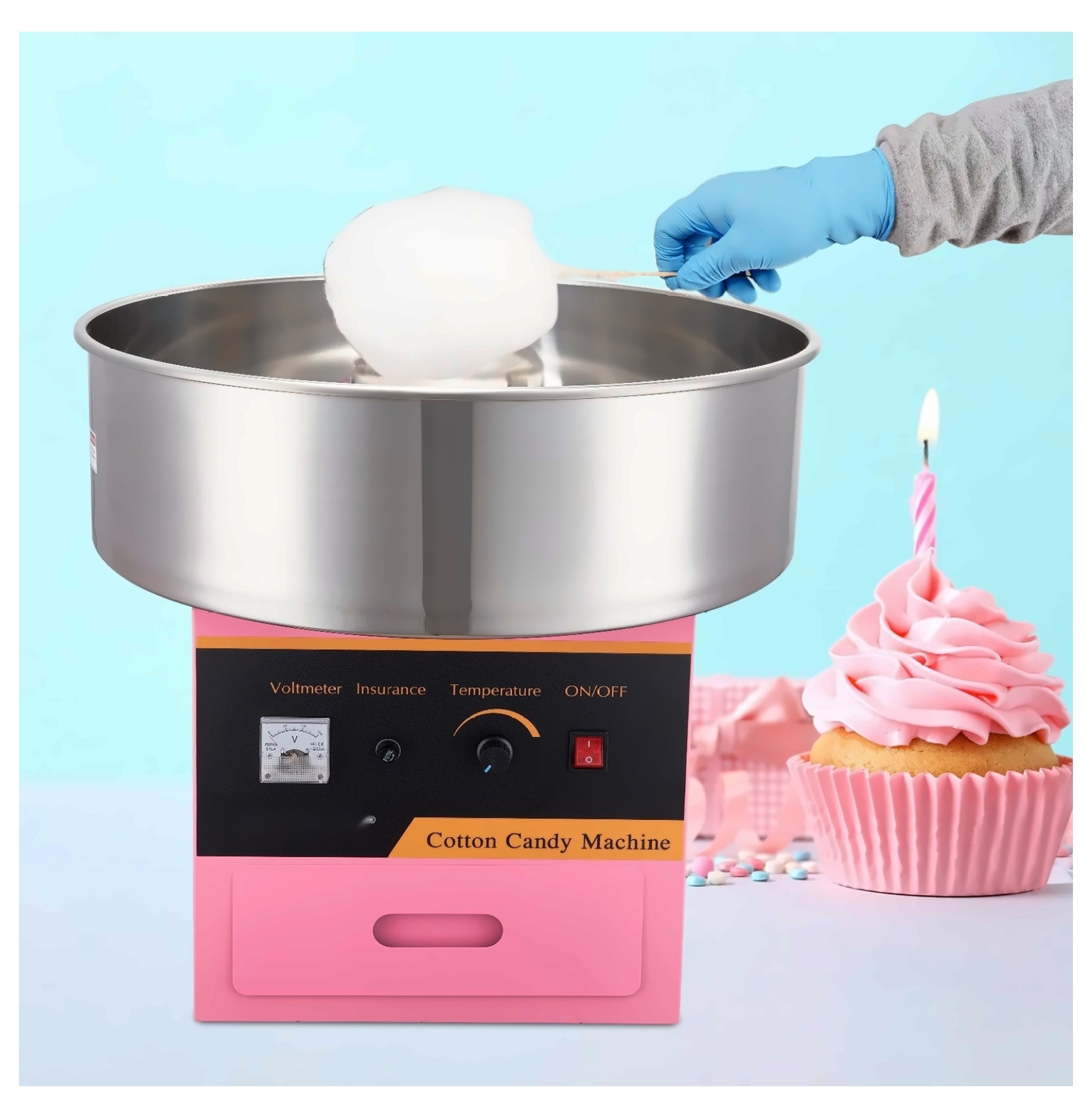 Electric Cotton Candy Machine, 1050W Candy Floss Maker, Commercial Grade with Stainless Steel Bowl, Pink, for Home Parties & Events