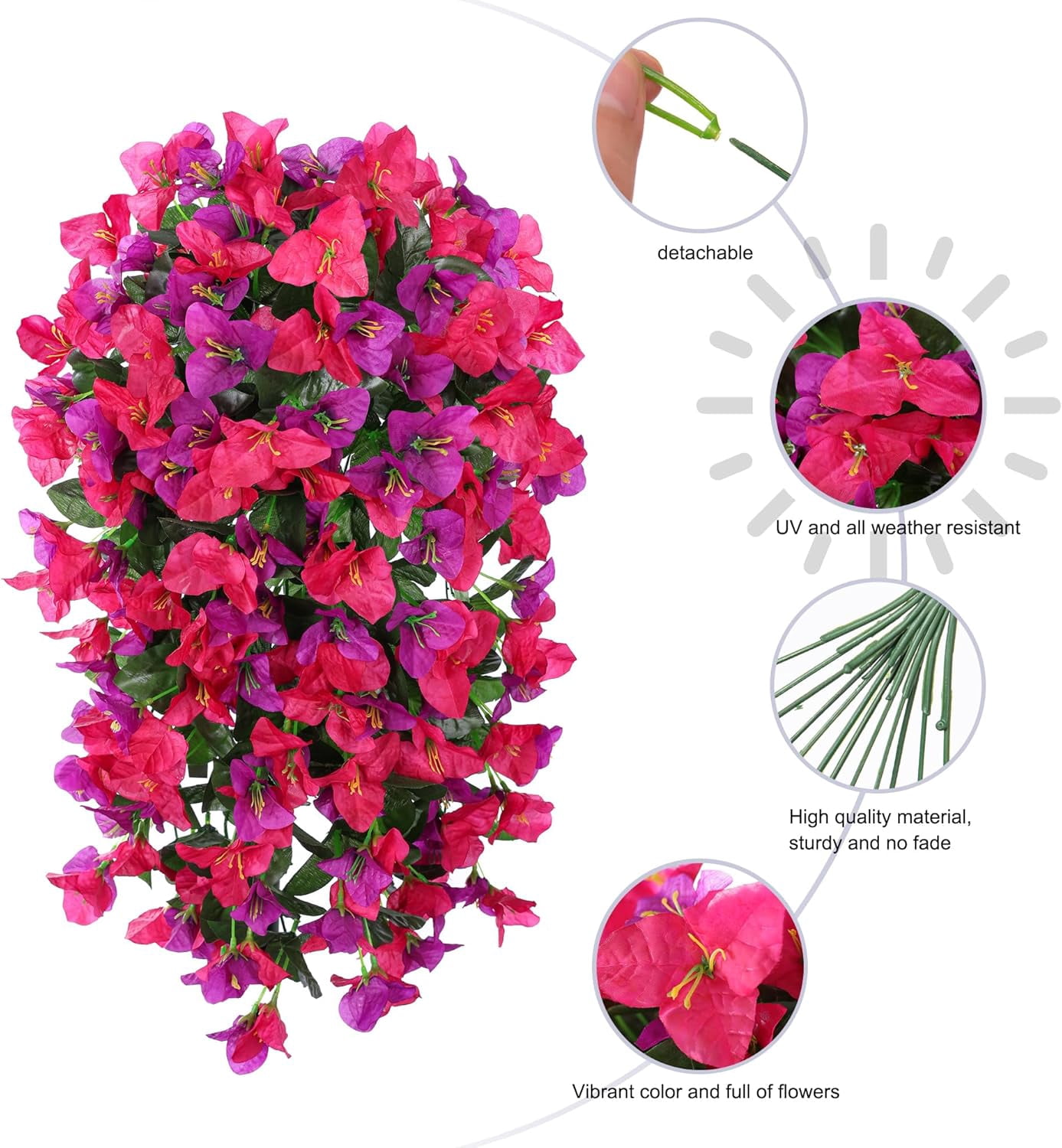 Faux Bougainvillea Artificial Flowers Plants for Outdoors Outside Decoration, 2 PCS White Fake Flowers UV Resistant Look Real Silk Long Trailing Vines